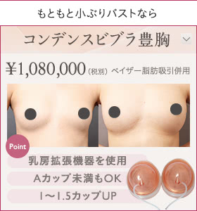 もともと小ぶりバストなら コンデンスビブラ豊胸 ¥1,080,000（税込¥1,188,000）ベイザー脂肪吸引併用 | Point: 乳房拡張機器を使用 / Aカップ未満もOK / 1〜1.5カップUP