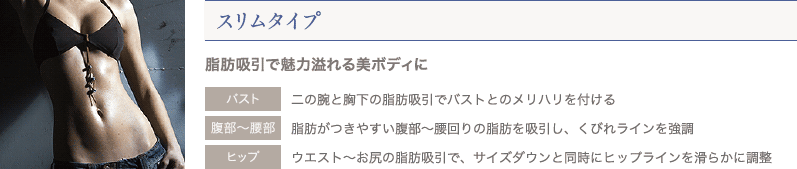 スリムタイプ 脂肪吸引で魅力溢れる美ボディに | バスト: 二の腕と胸下の脂肪吸引でバストとのメリハリを付ける / 腹部～腰部: 脂肪がつきやすい腹部～腰回りの脂肪を吸引し、くびれラインを強調 / ヒップ / ウエスト～お尻の脂肪吸引で、サイズダウンと同時にヒップラインを滑らかに調整