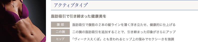 アクティブタイプ 脂肪吸引で引き締まった健康美を | 腹 部: 脂肪吸引で腹筋の２本の縦ラインを薄く浮き立たせ、健康的に仕上げる / 二の腕: 二の腕の脂肪吸引を追加することで、引き締まった印象がさらにアップ / ヒップ: 「ヴィーナスえくぼ」とも言われるヒップ上の窪みでセクシーさを強調