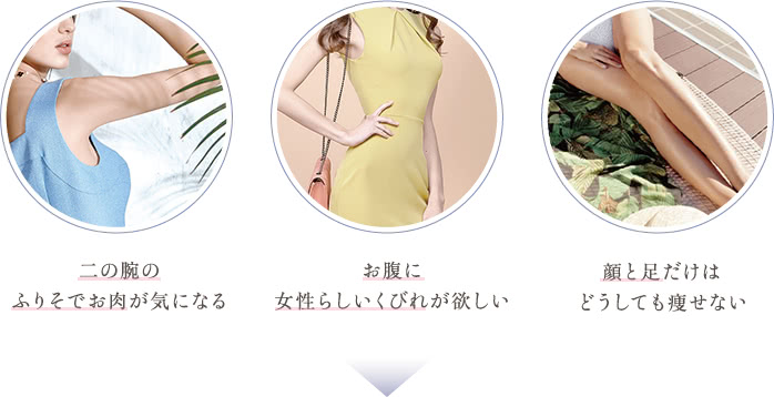 二の腕のふりそでお肉が気になる / お腹に女性らしいくびれが欲しい / 顔と足だけはどうしても痩せない